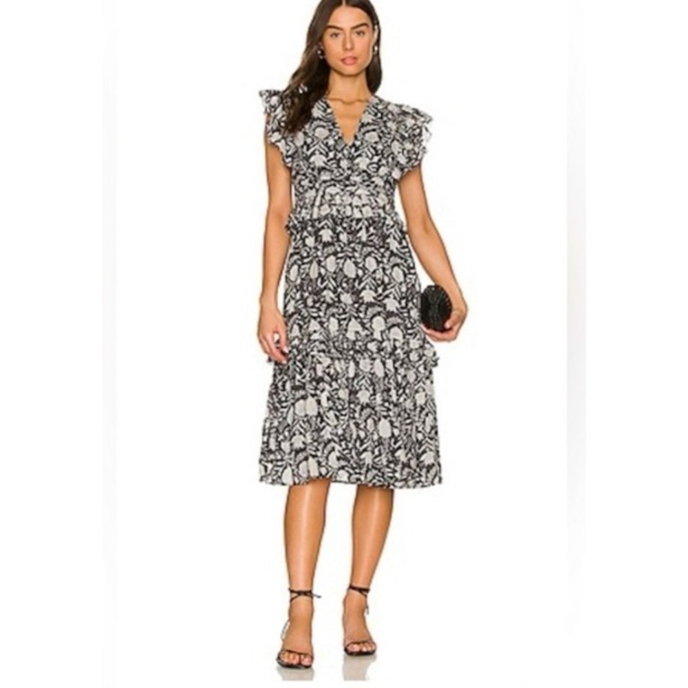 Cleobella Floral Midi Dress Ruffle Sleeve V Neck Black White Boho